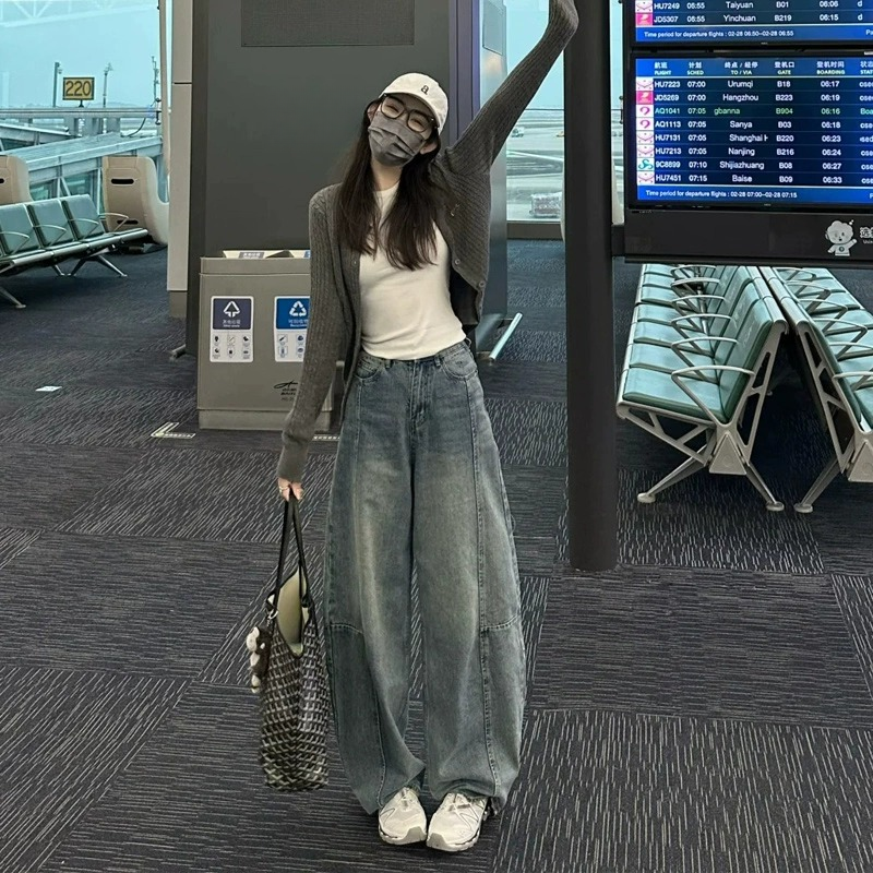 浅色牛仔阔腿弯刀裤女2025秋款大码胖mm梨形身材宽松香蕉裤镰刀裤