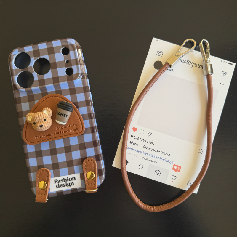 格子咖啡小熊菲林软壳适用苹果17promax手机壳16华为vivo小米oppo