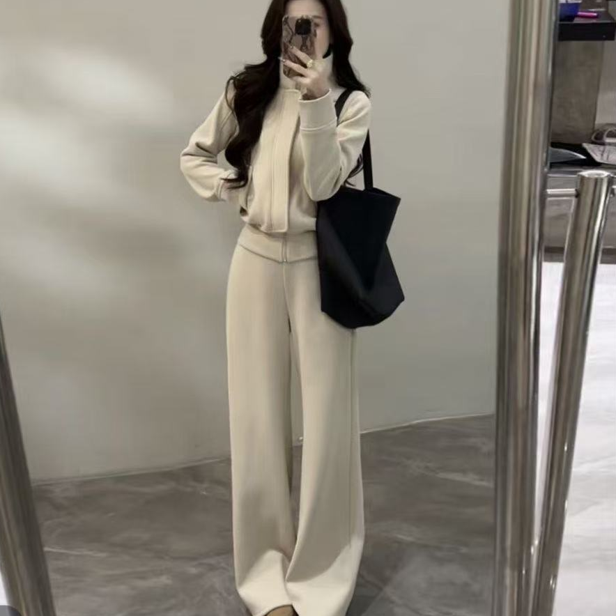 冬季穿搭一整套女高级感2025新款立领加厚加绒卫衣+阔腿裤两件套