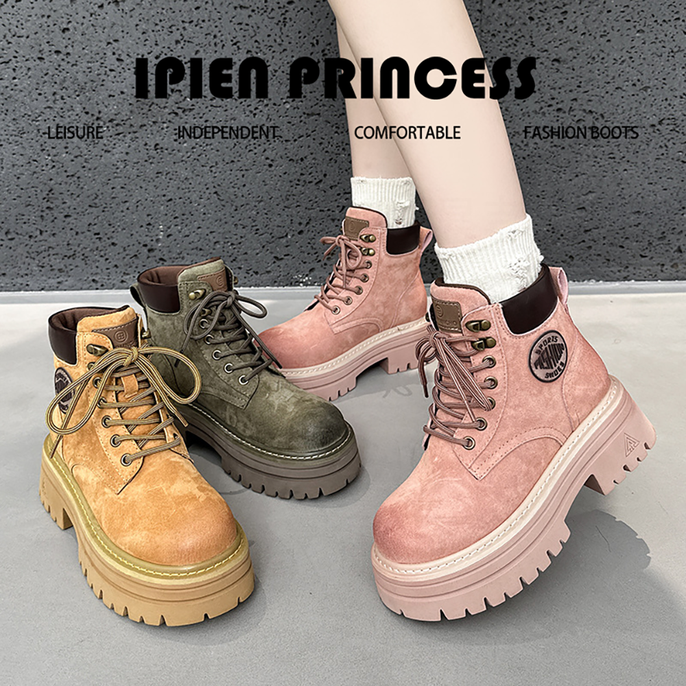 内增高真皮厚底马丁靴女款2025秋季新款英伦风时尚百搭粉色靴子女