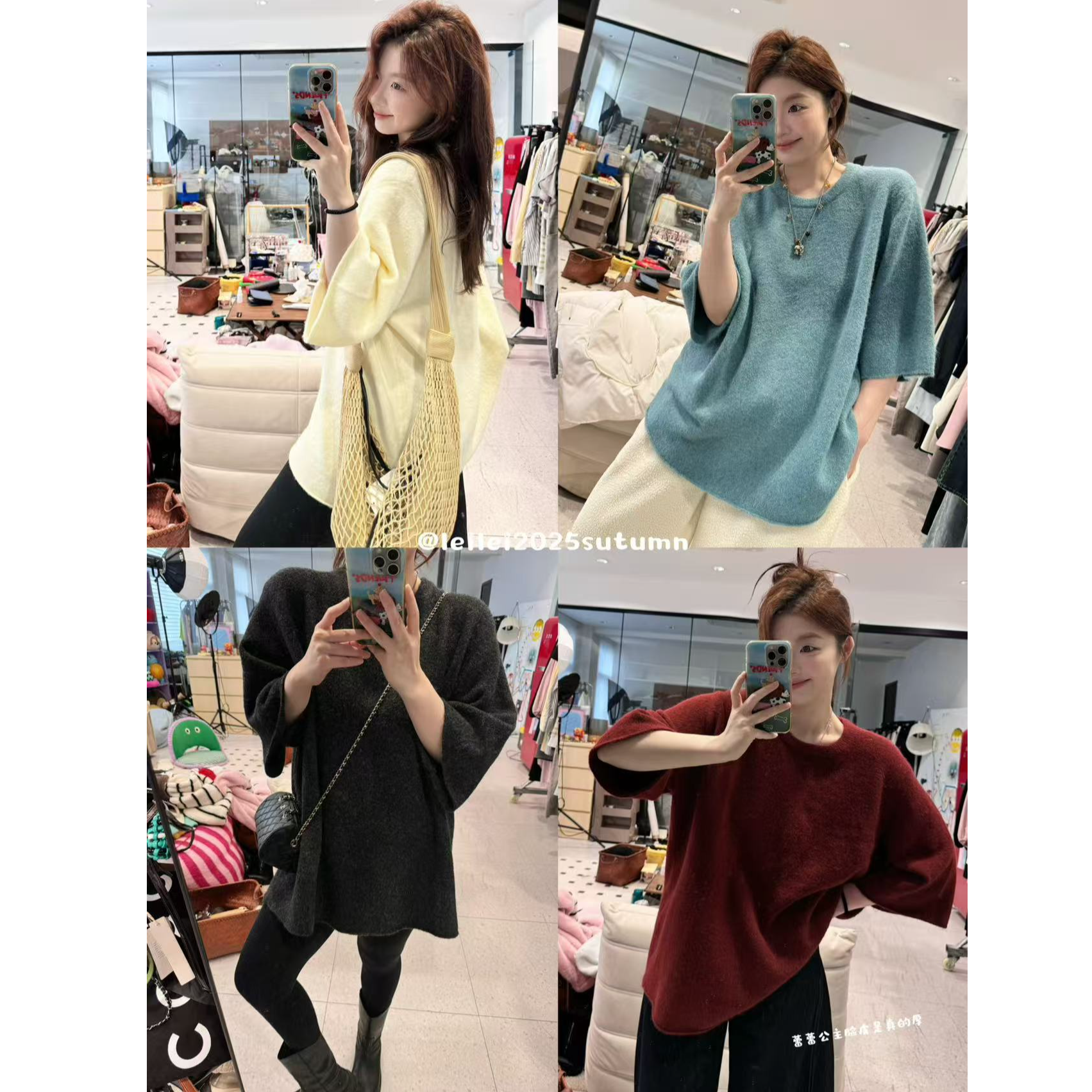 晶咕【慵懒自洽】韩版百搭亲肤圆领毛针织衫六分短袖上衣