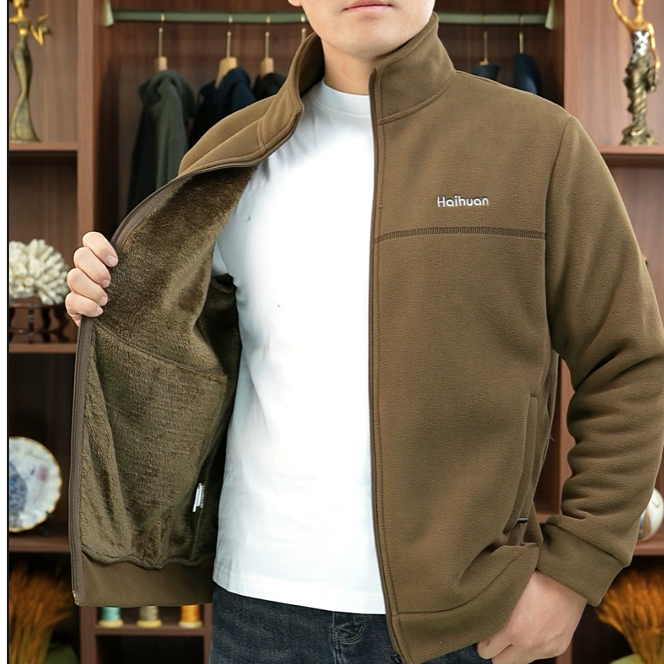冬款男士爸爸装加绒加厚外套手抓摇粒绒内里北极绒内外有口袋保暖