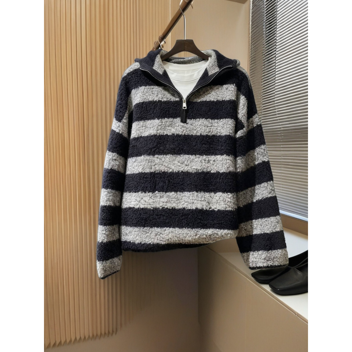 墙裂推荐！今年流行！欧货高端半拉链连帽毛衣慵懒条纹加厚针织衫女