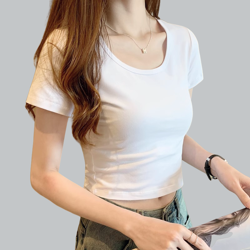 夏季新款短袖白色t恤女纯棉内搭高腰露脐修身百搭小个子短款上衣u