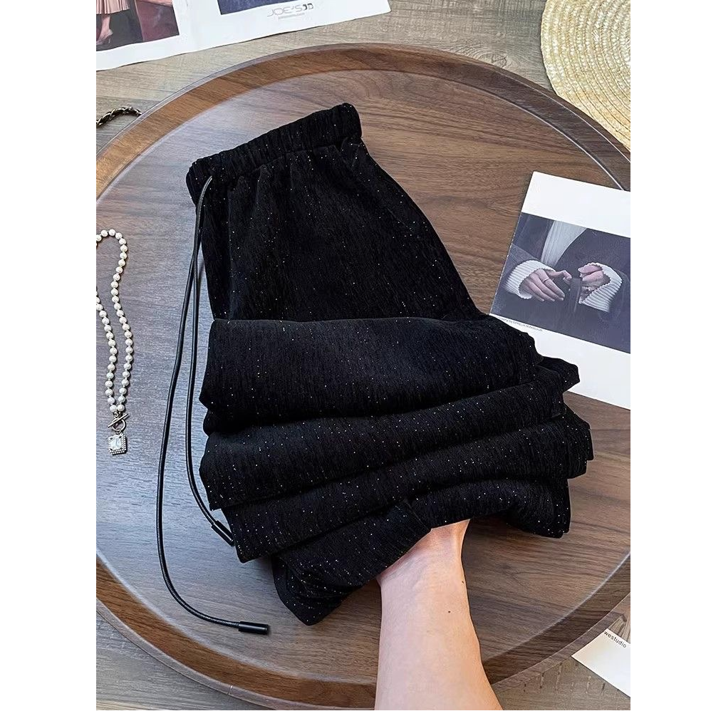 加绒加厚黑色休闲阔腿裤女大码胖mm秋冬新款梨形身材垂感直筒裤子