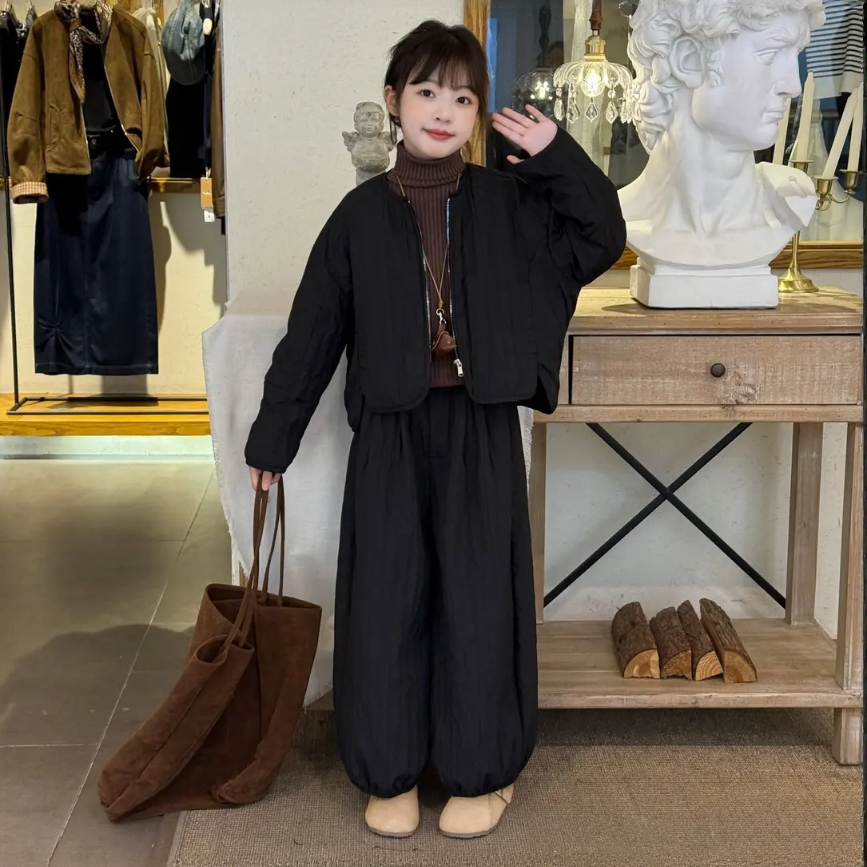 女童棉衣2025冬款洋气百搭圆领棉服外套高腰加绒阔腿裤纯色两件套
