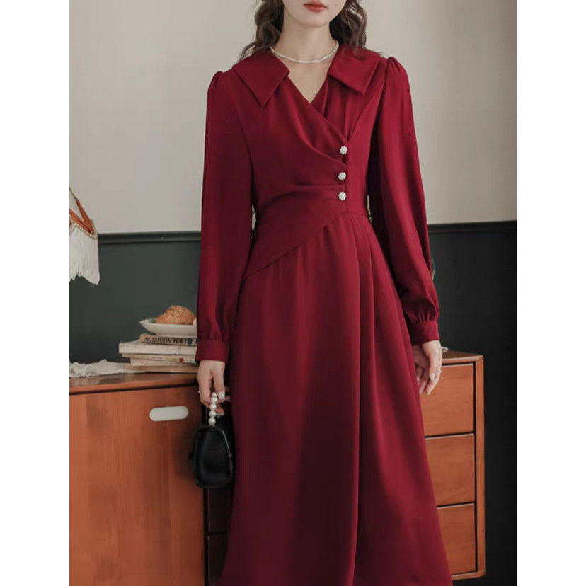 加大300斤可穿法式战袍连衣裙女秋红色订婚衣服敬酒服日常裙子