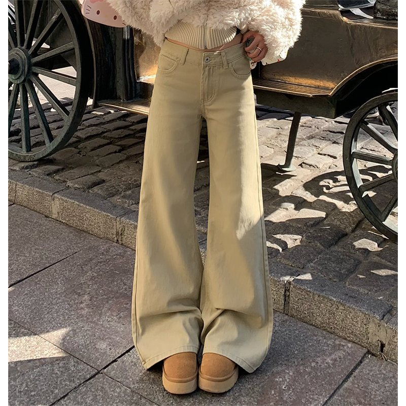 2025秋冬季新款加绒复古卡其色微喇牛仔裤宽松高腰显瘦垂感阔腿裤