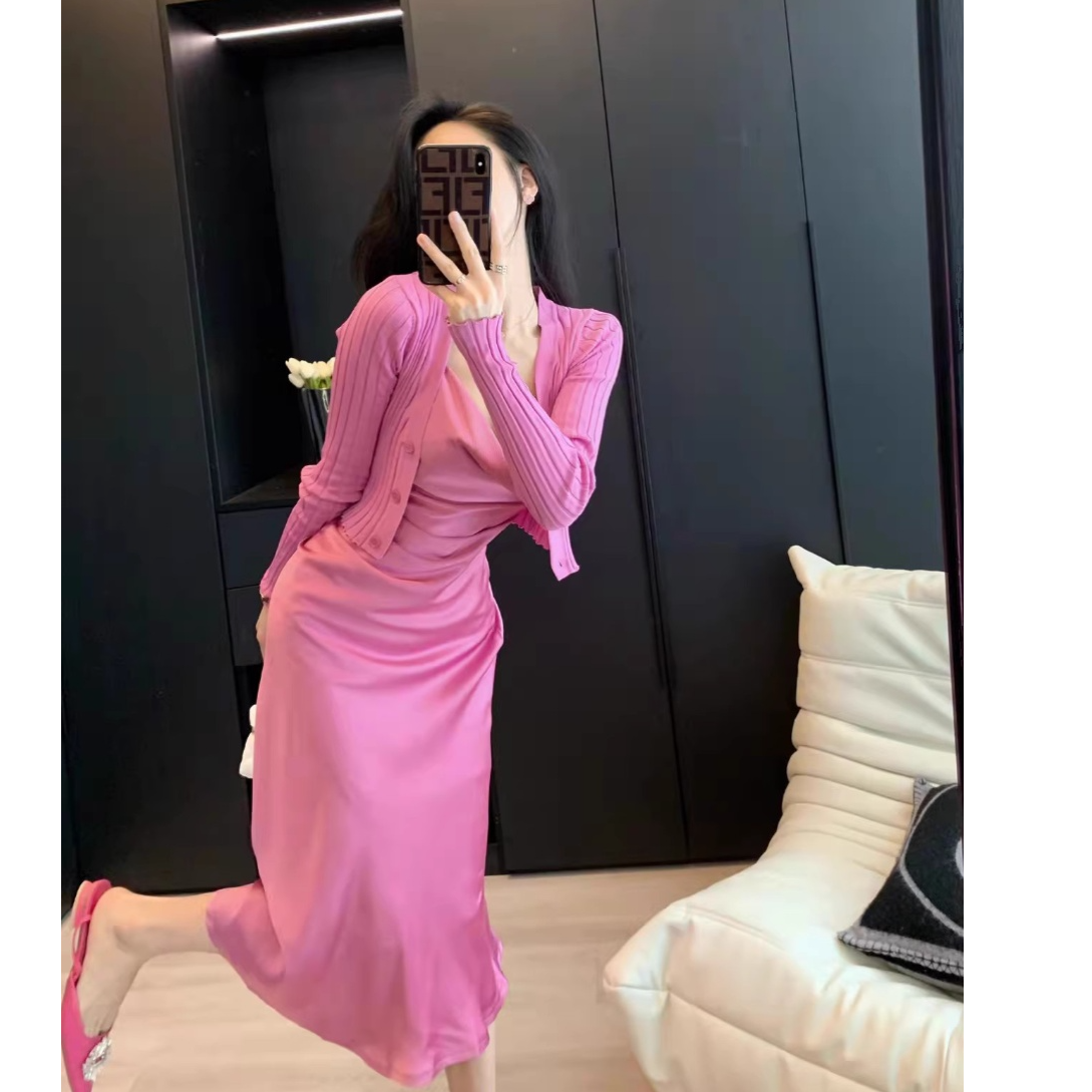 Leathercat套装春秋新款小香风轻熟风港味网红吊带长裙两件套装女