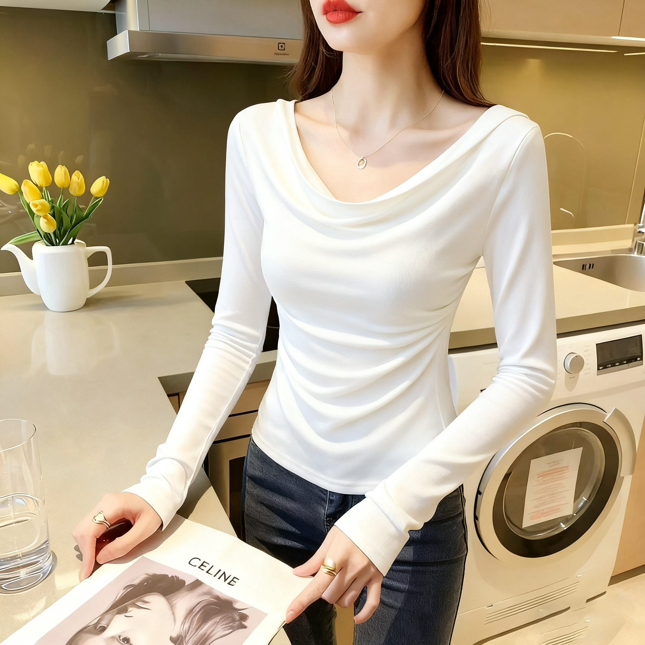 2025年秋季新款不规则荡领长袖t恤女修身收腰百搭打底一字肩上衣