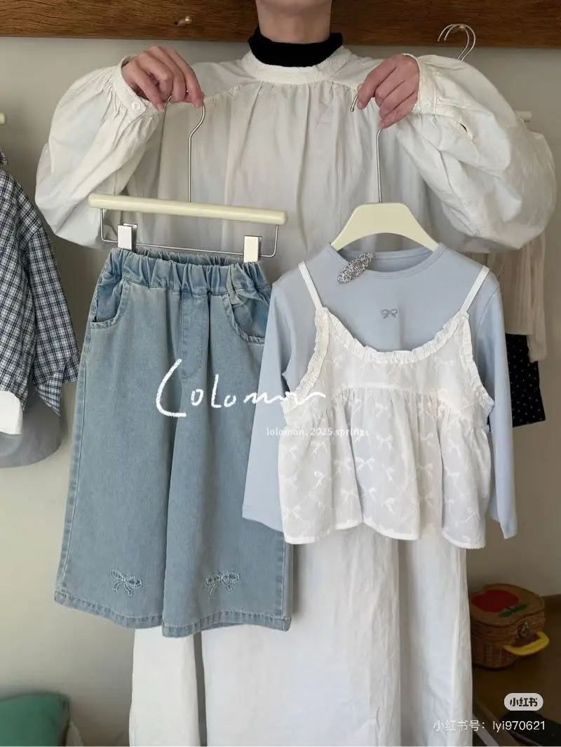 女童套装春装2025儿童甜美吊带衫棉T恤衫中小童刺绣牛仔裤
