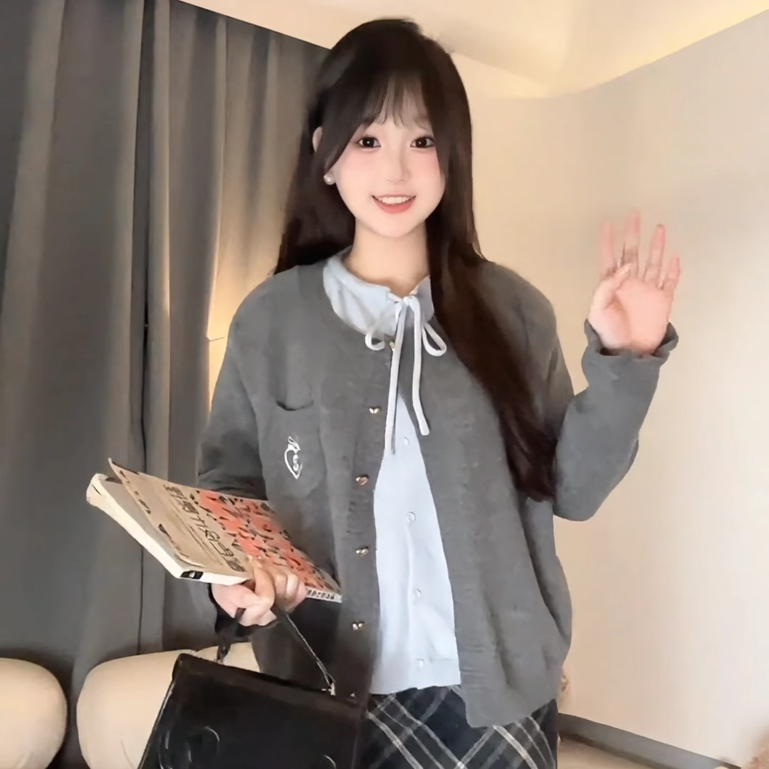 韩系减龄假两件系带毛衣女2025秋冬新款洋气甜美时尚百搭开衫针织