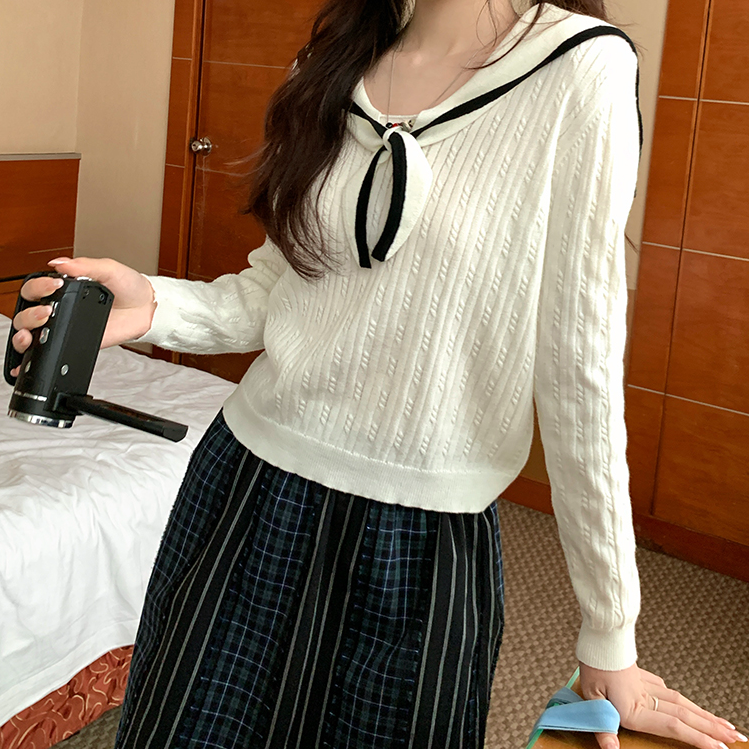【超级好看】韩系百搭甜美减龄学院风海军领针织长袖上衣女2025新款