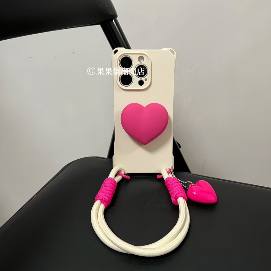 温柔气质爱心支架适用iPhone16promax手机壳挂绳苹果15腕带14软13