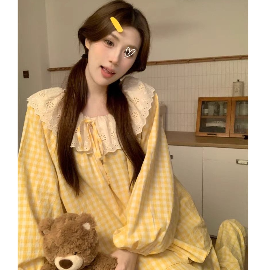 韩系黄色睡衣女春秋季新款甜美蕾丝边格子长袖长裤家居服套装外穿