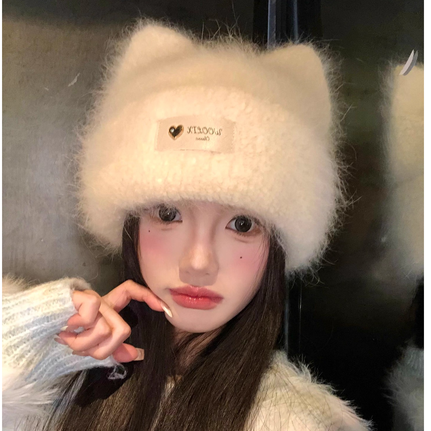 可爱猫耳朵毛绒针织帽女秋冬季显脸小百搭毛线帽保暖防寒护耳帽子