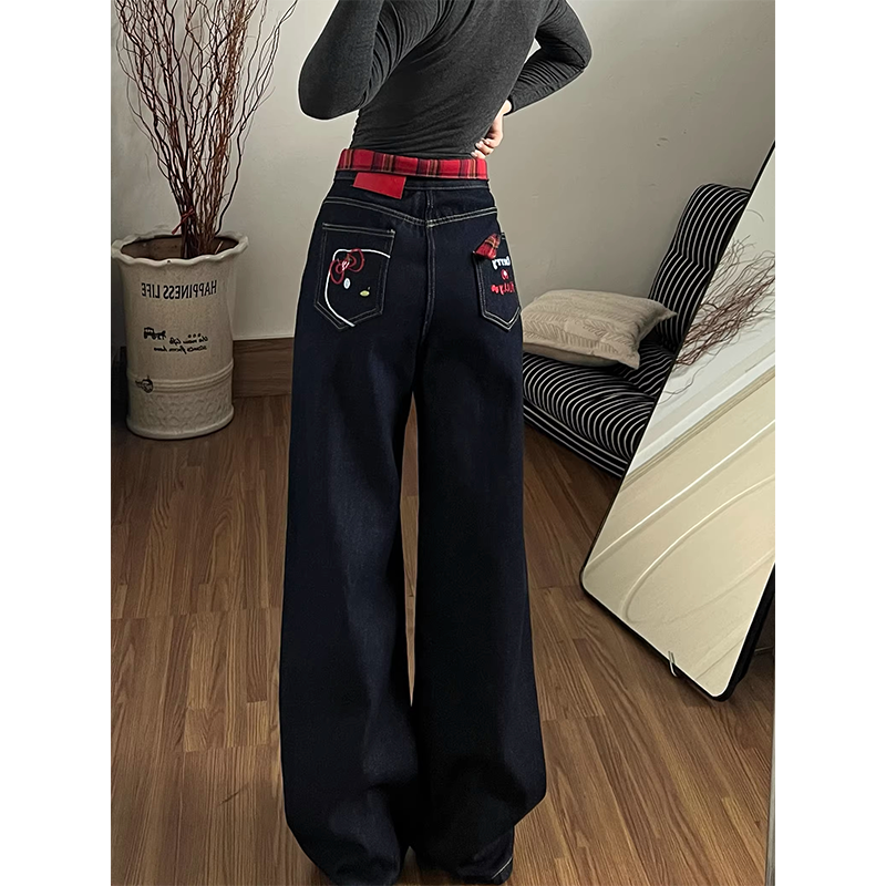 丹宁色kitty刺绣牛仔裤轻奢小众炸街裤子撞色格子双腰头阔腿长裤
