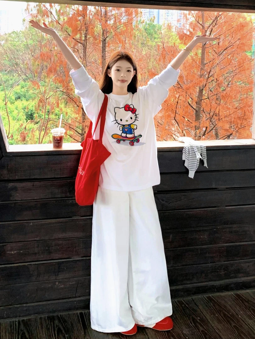 【网红同款】100%纯棉长袖t恤女新款甜美卡通春秋宽松休闲百搭上衣