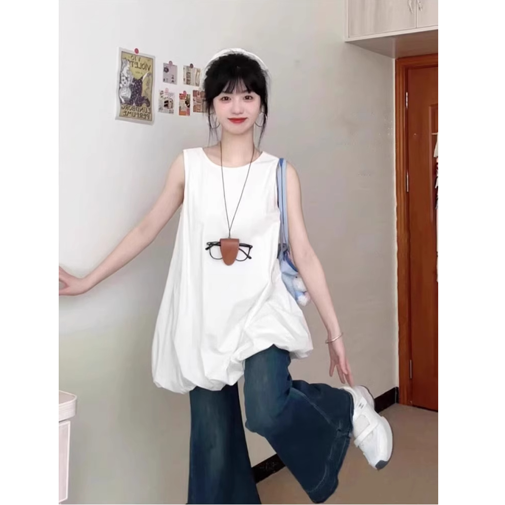 白色无袖连衣裙宽松背心裙a字花苞蓬蓬裙小个子夏日绝美小裙子