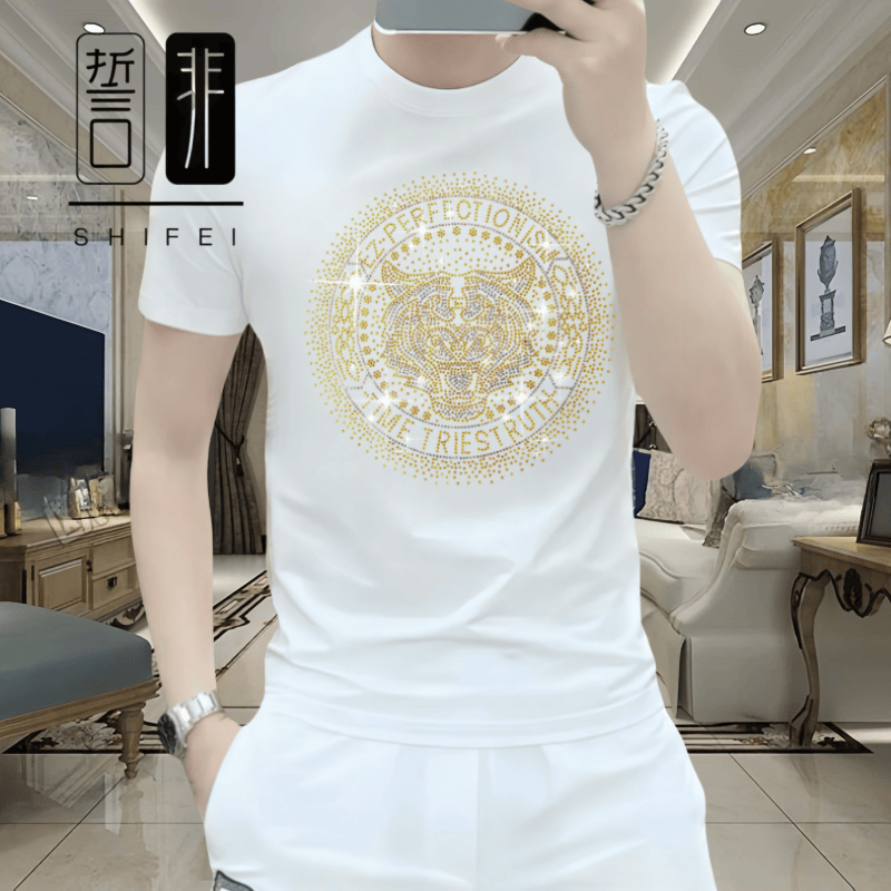 男士修身时尚休闲百搭夏季帅气个性潮流圆领新款烫钻冰丝短袖T恤