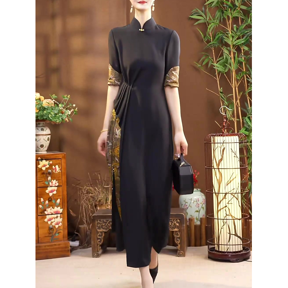 新中式时尚改良旗袍连衣裙女2025夏装新款文艺范修身显瘦高贵长裙