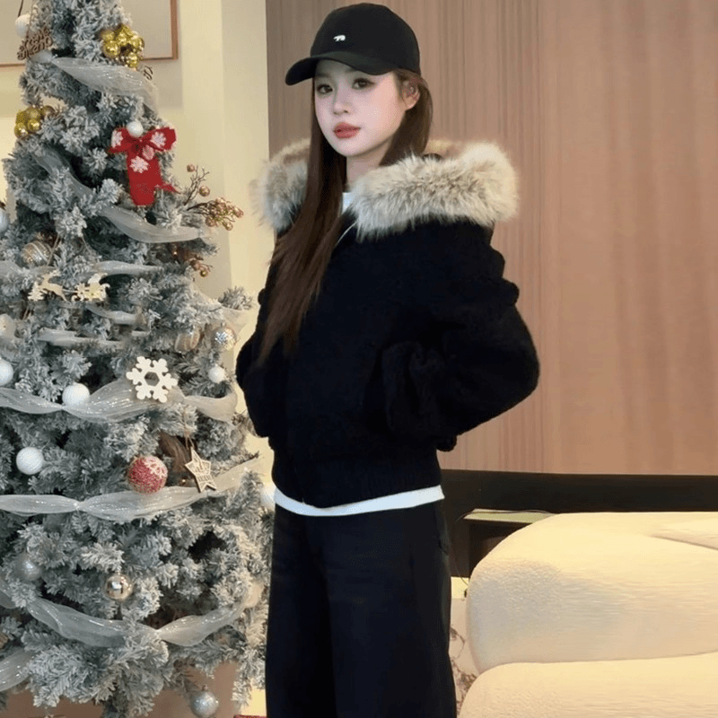 韩版拼接长袖百搭套装网红女棉衣连帽棉服常规保暖2025毛领棉袄潮