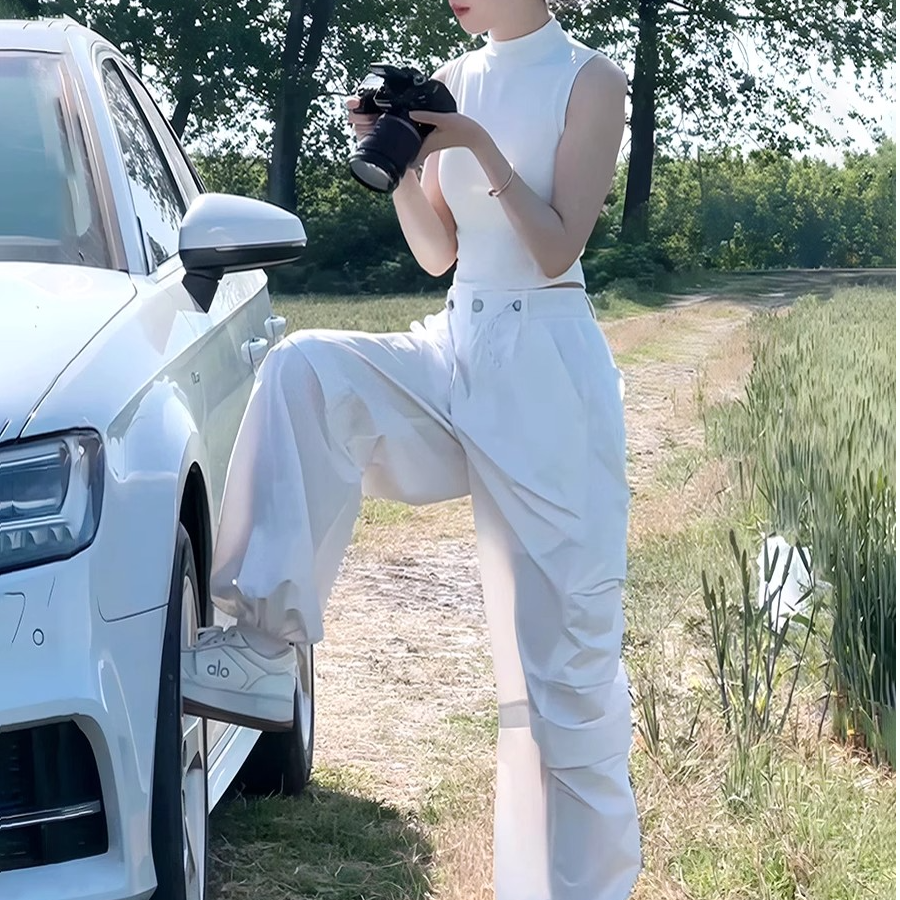 美式高街微高领无袖恤抽绳休闲工装裤白色套装女夏薄小个子宽松