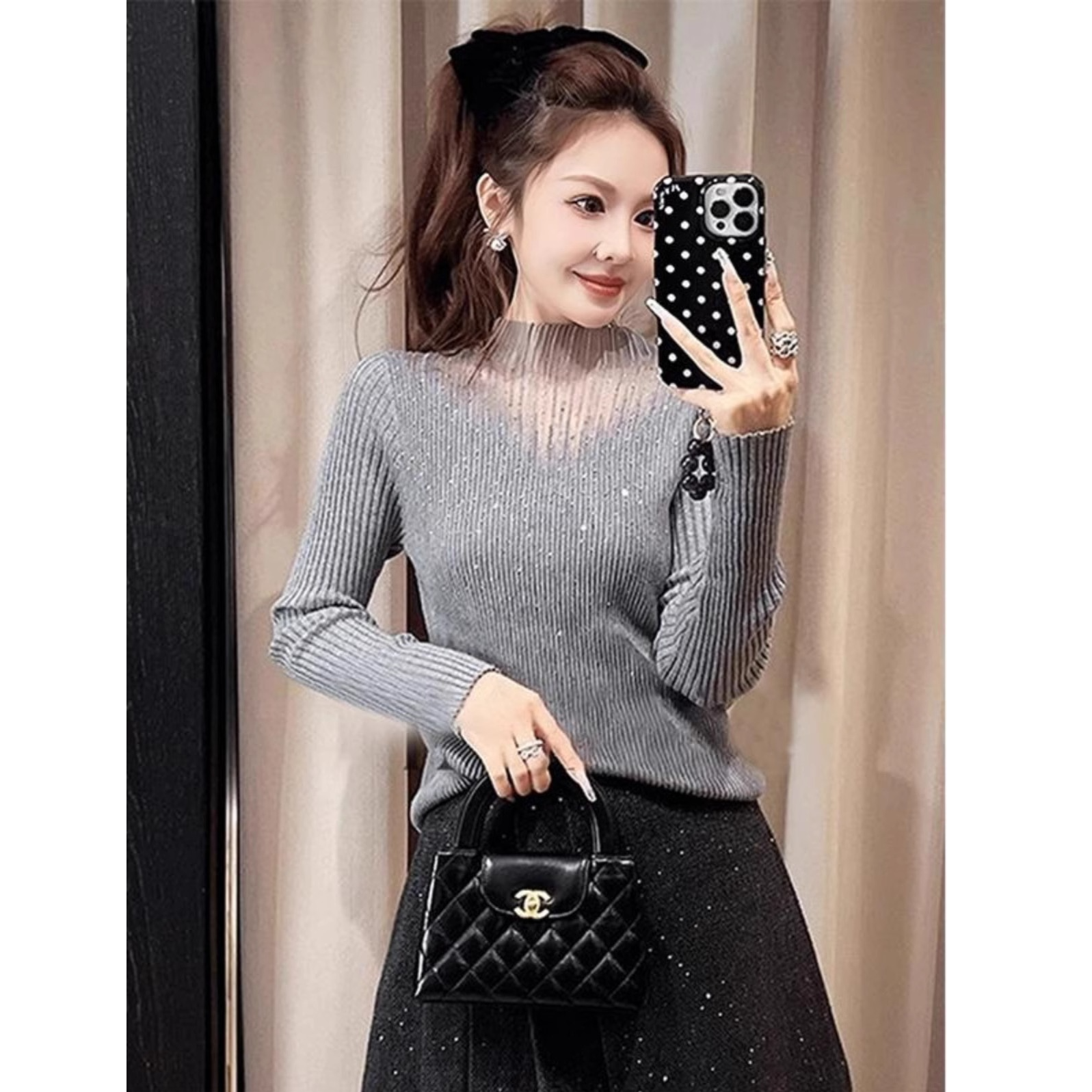 半高领蕾丝网纱长袖毛针织衫女秋冬2025新款爆款洋气百搭打底上衣