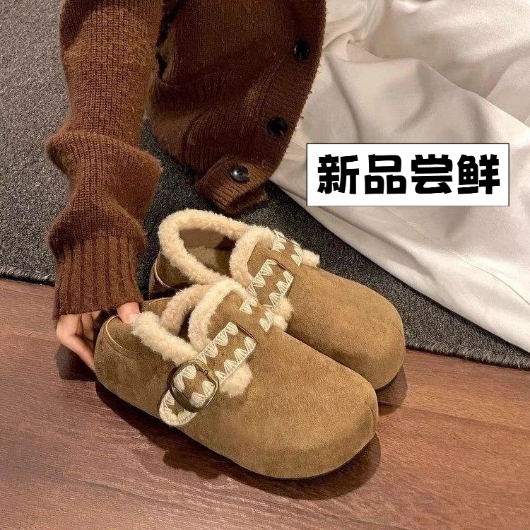 加绒勃肯鞋女2025冬季新款保暖毛毛鞋厚底全包内增高百搭毛毛棉鞋