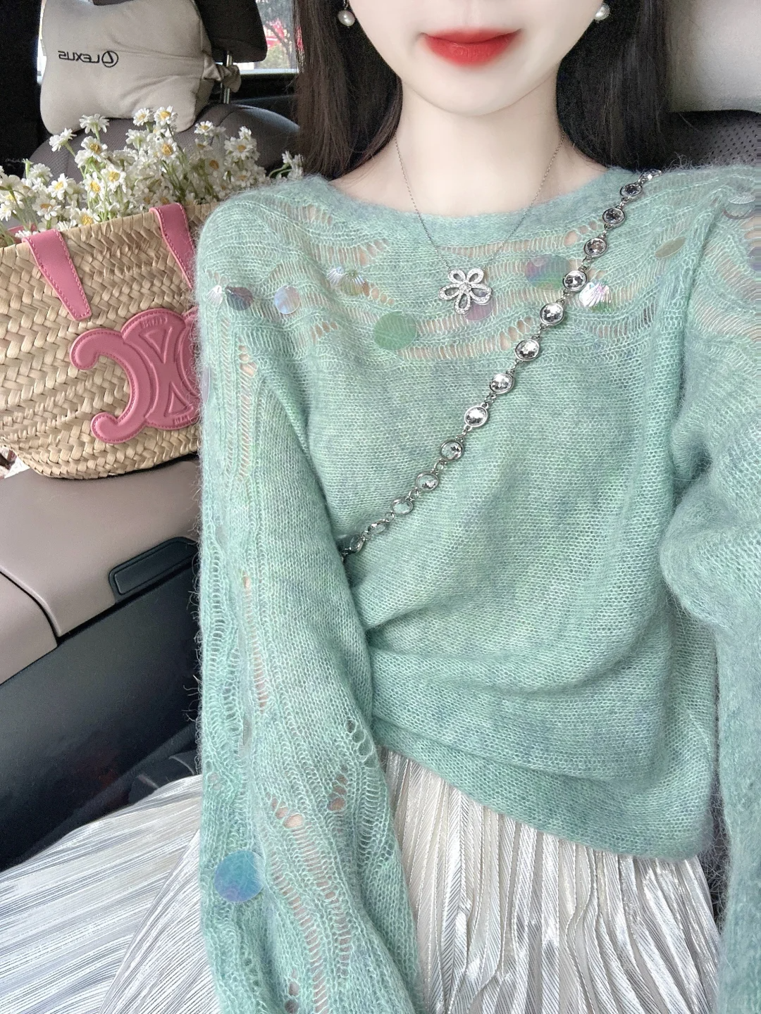 早秋穿搭一整套镂空针织珠片上衣女蕾丝半身裙温柔韩风chic套装女