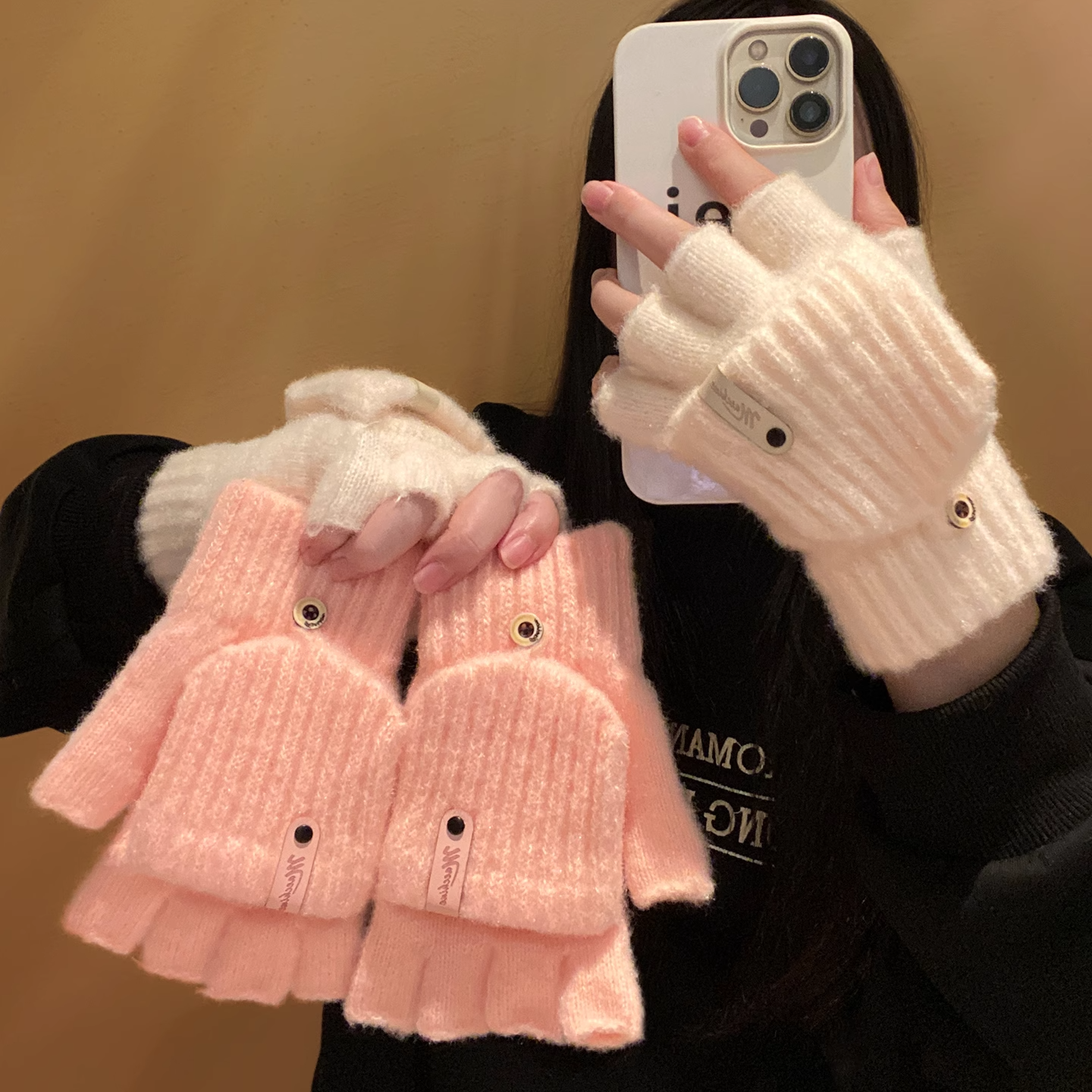 手套男女毛线保暖可爱写字露指可爱学生露五指翻盖作业针织骑车TJ