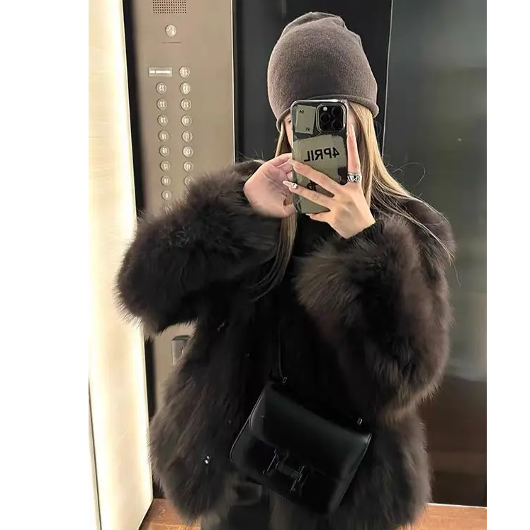 海宁女装冬季V领毛毛外套秋冬北极貂皮毛一体短款上衣
