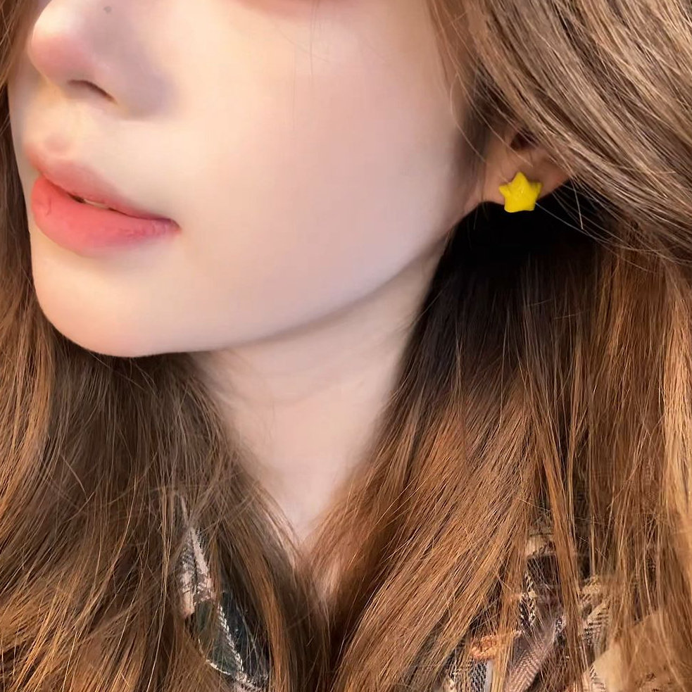 合金珐琅耳饰 小糖星珐琅耳钉ins小众耳饰黄色五星星耳饰少女风
