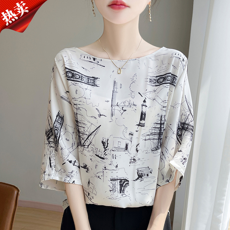 品牌女装正品夏季新款半袖印花T恤女桑蚕丝宽松气质减龄时尚上衣