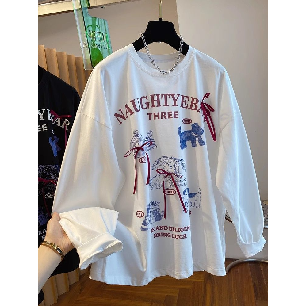 300斤大码小狗印花蝴蝶结长袖t恤男女韩系休闲早秋圆领打底衫上衣