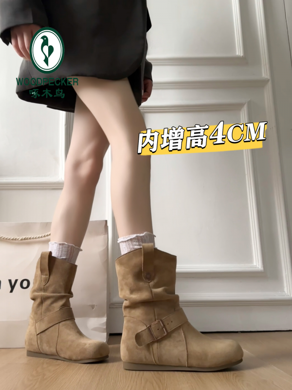啄木鸟复古内增高勃肯短靴子女2025秋季新款西部牛仔靴显瘦马丁靴