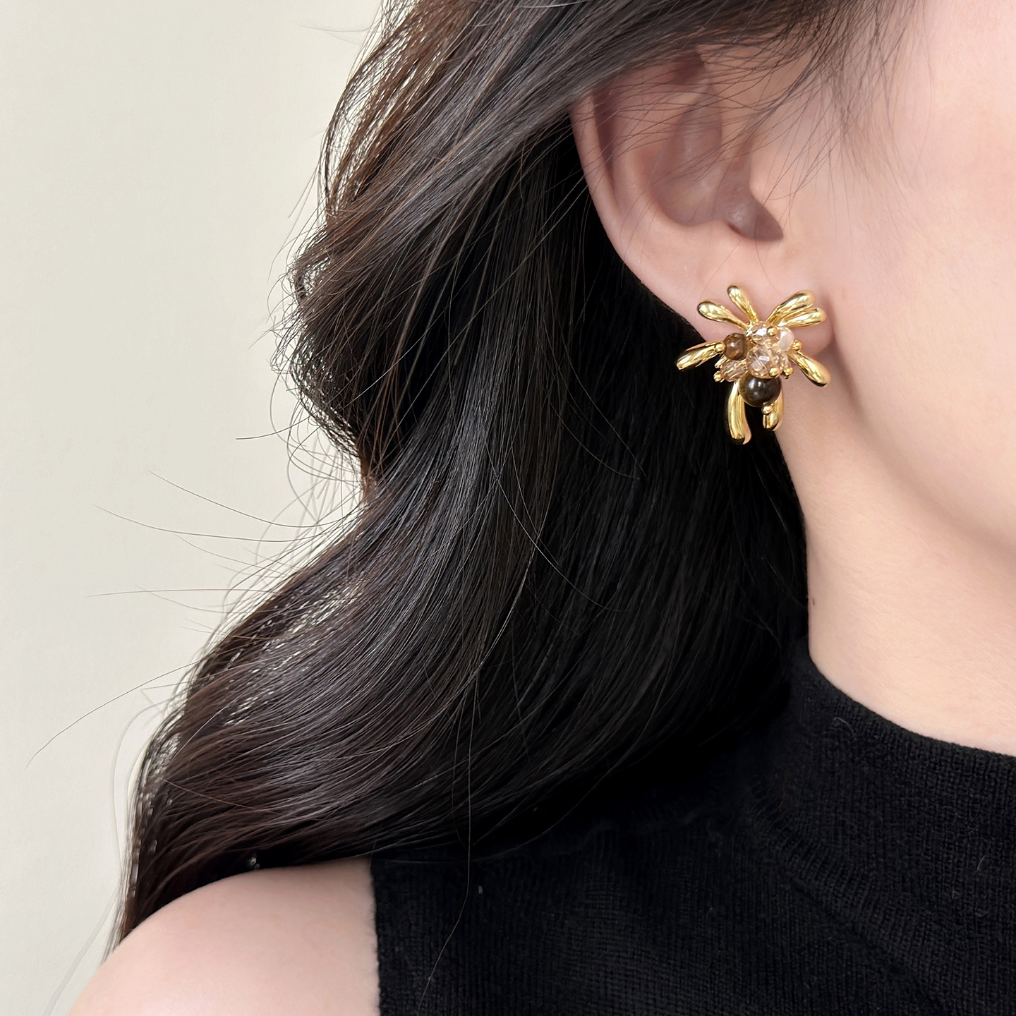 铜合金耳饰 美拉德烟花虎眼石耳钉女秋冬独特小众设计耳环耳饰