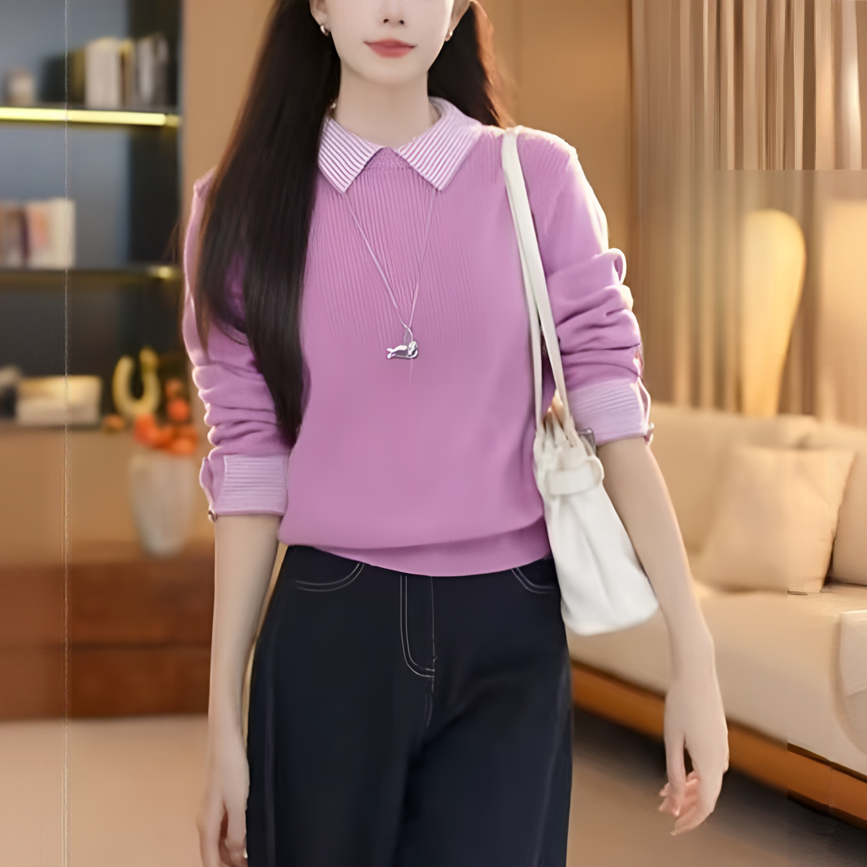 假两件轻熟风气质翻领长袖针织衫女毛衣秋冬内搭上衣宽松显瘦减龄