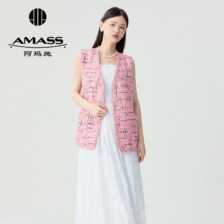 阿玛施25年优雅重工小香风中长款花呢马甲外套女黑色阿玛施马甲