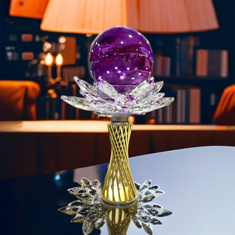 【高脚转运球】创意旋转紫色莲花水晶球摆件适合家庭桌面卧室装饰