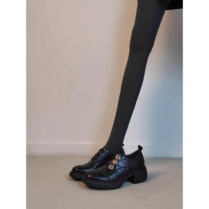 羊皮版~厚底纽扣黑色圆头新款百搭小皮鞋女英伦风复古乐福鞋单鞋