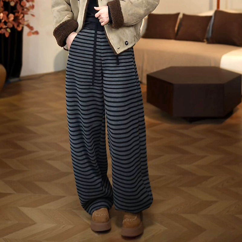 灰色条纹阔腿裤女加绒加厚高腰显瘦直筒休闲裤子秋冬爆款2025新款