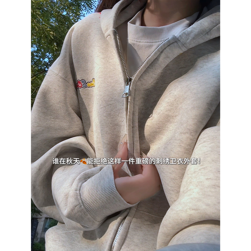 美式重磅刺绣连帽卫衣男秋季潮牌双拉链情侣帽衫高街百搭开衫外套