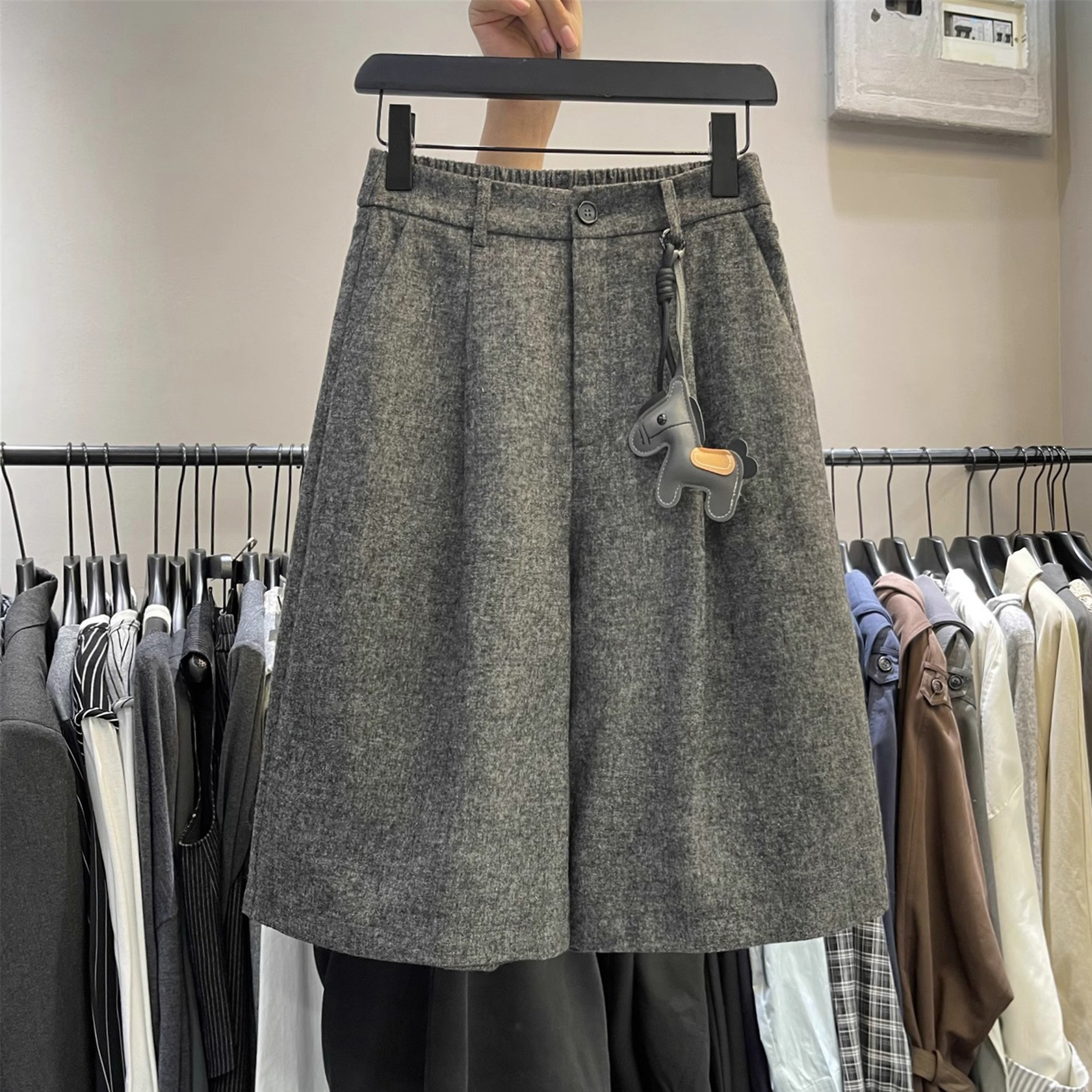 韩国高级感羊毛五分裤女秋新款韩版高腰宽松显瘦百搭直筒阔腿中裤