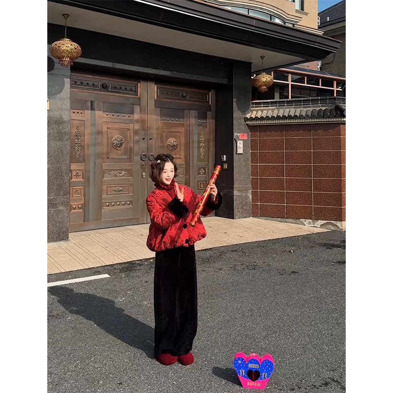 过年超火穿搭一整套女2026新款韩系红色棉服外套显瘦阔腿裤两件套