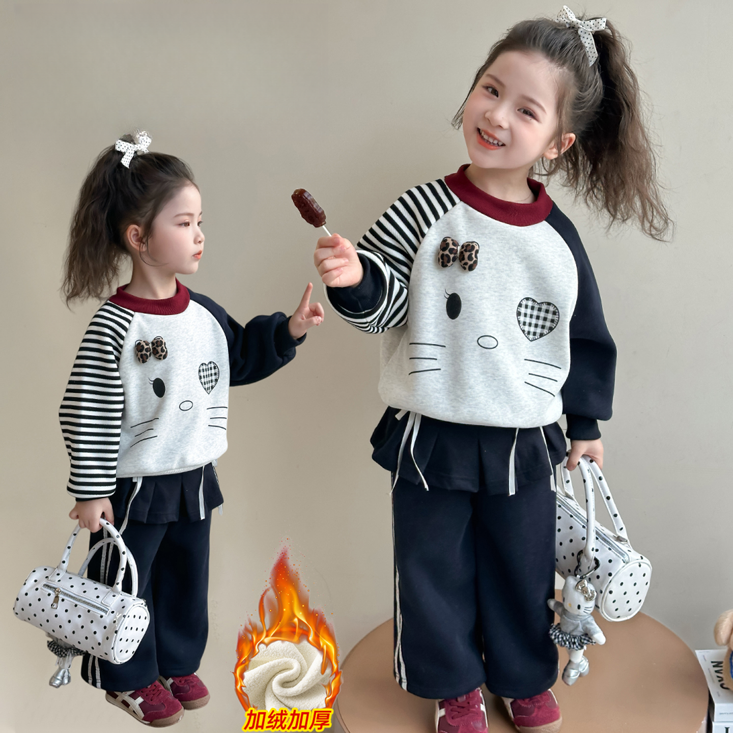 女童冬装加绒卡通卫衣套装运动套装