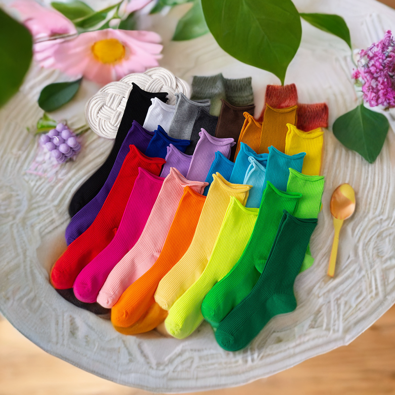 马卡龙彩色袜子女中筒袜夏季薄款糖果色卷边堆堆袜潮流时髦长筒袜