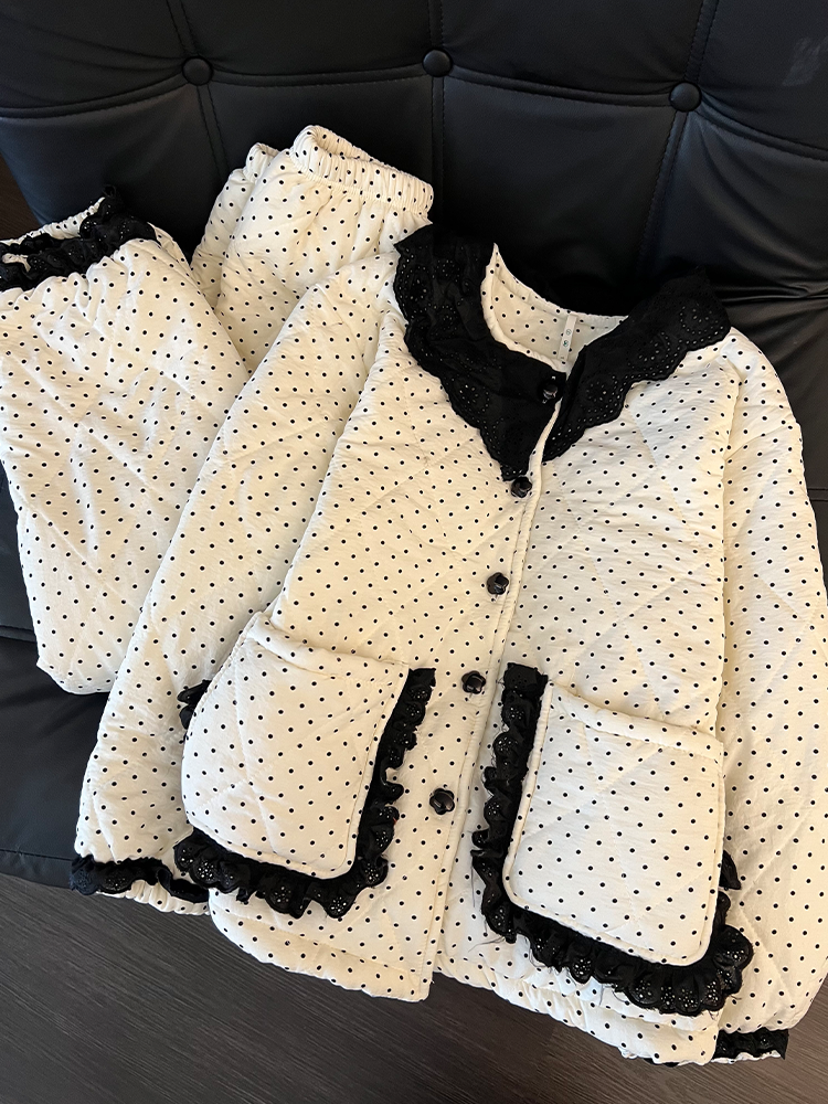 法式蕾丝花边波点夹棉睡衣冬季女2025新款加绒加厚大码可外穿套装