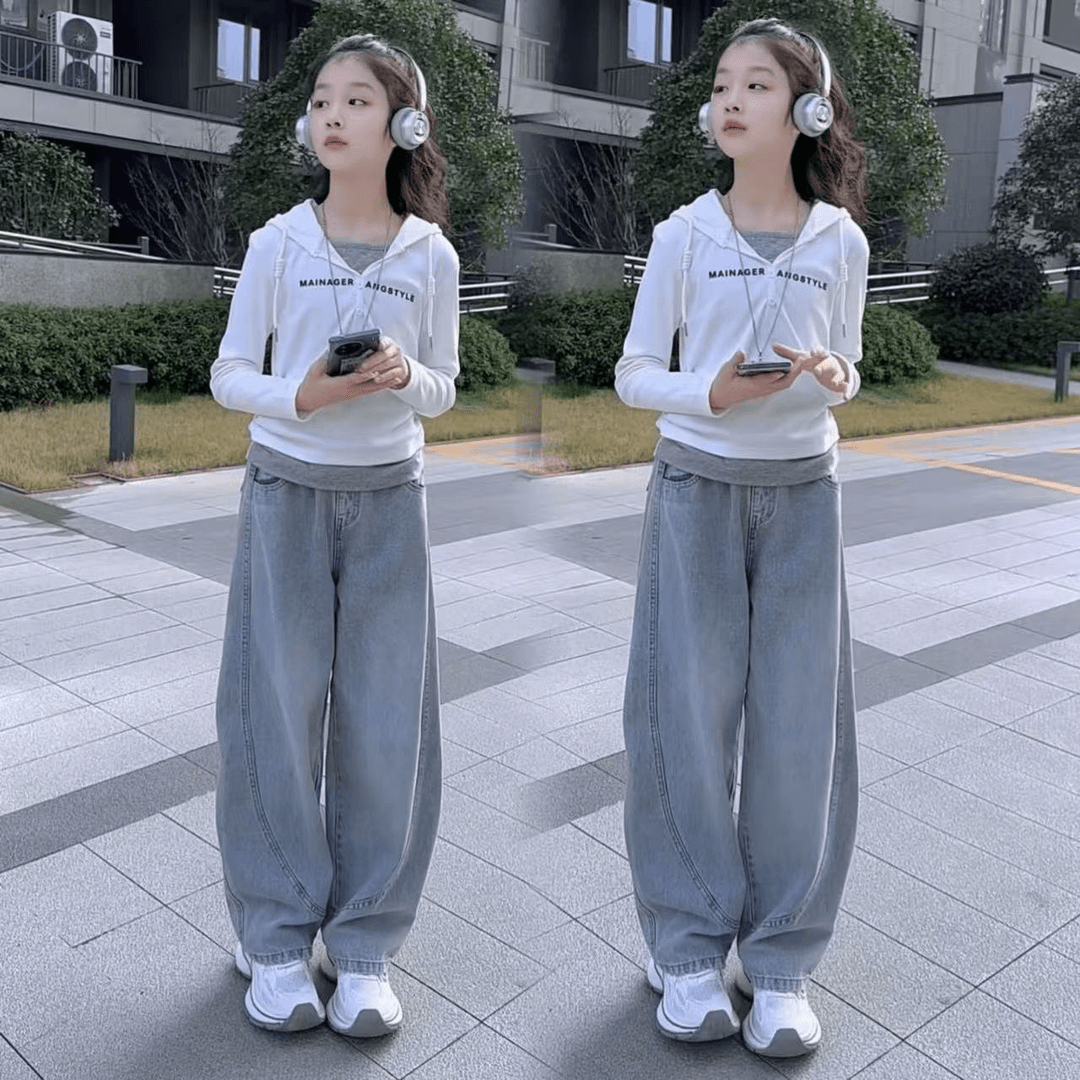 女童套装2025春季新款百搭帽衫时尚中大童洋派牛仔弯刀裤子两件套
