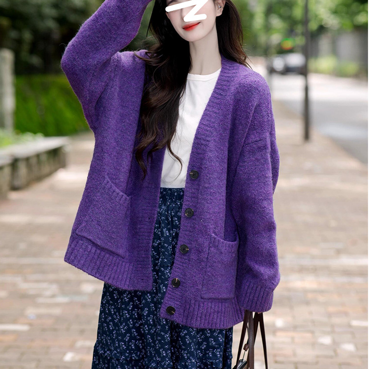 韩系慵懒风复古v领软糯单排扣针织开衫外套女秋季高级感紫色上衣